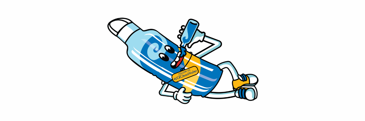 UCR Clean water mascot drinking from water bottle