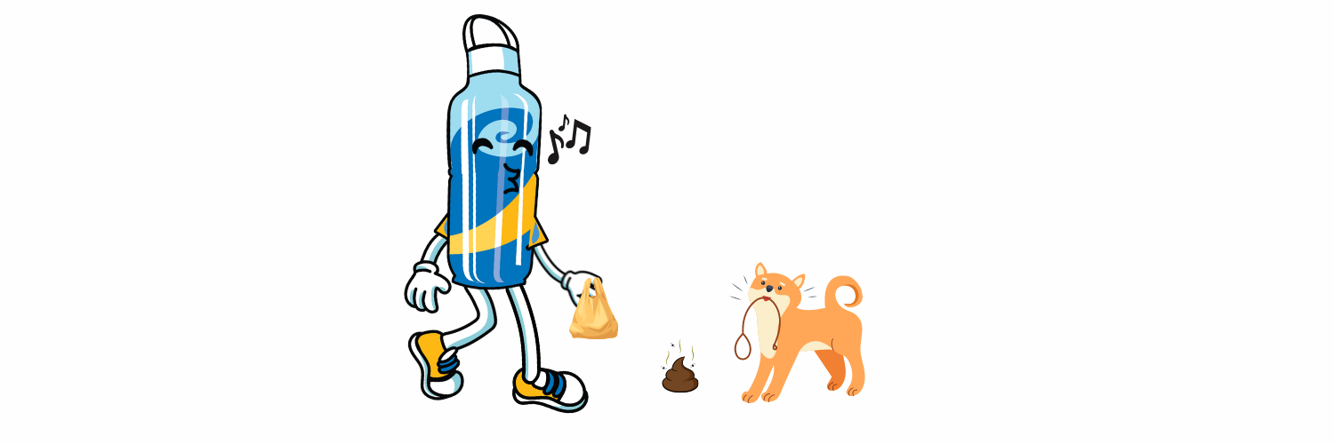 UCR Clean Water Bottle Mascot picking up pet waste