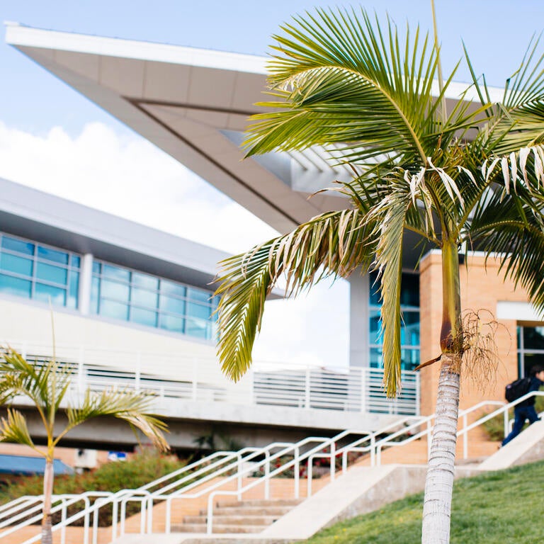 view of the HUB building and stairs