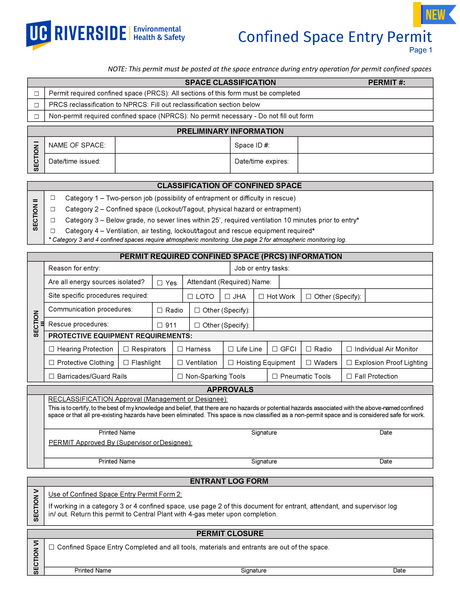 Picture of the new confined space permit front page. 
