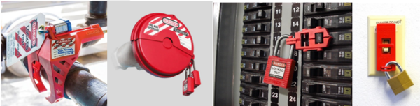 Examples of LOTO devices for valves, breakers and wall switches