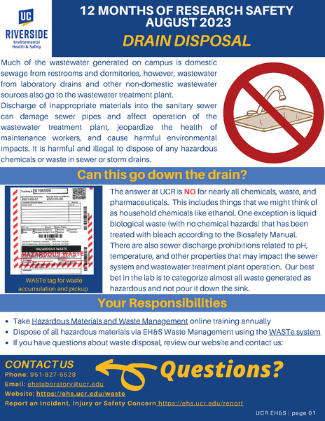 12 Months of Research Safety topic for August 2023 - Drain Disposal