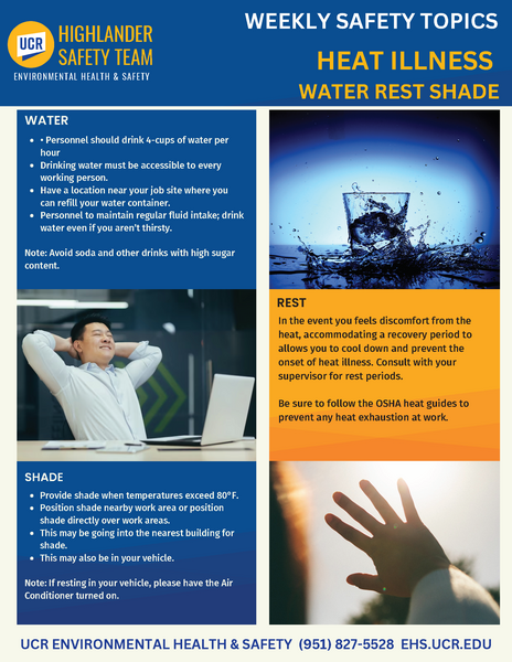 Screenshot of UCR Weekly Safety Topic for Heat Illness Prevention Water, REst, and Shade