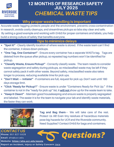 image of 12 months of research safety with the topic on chemical waste tip