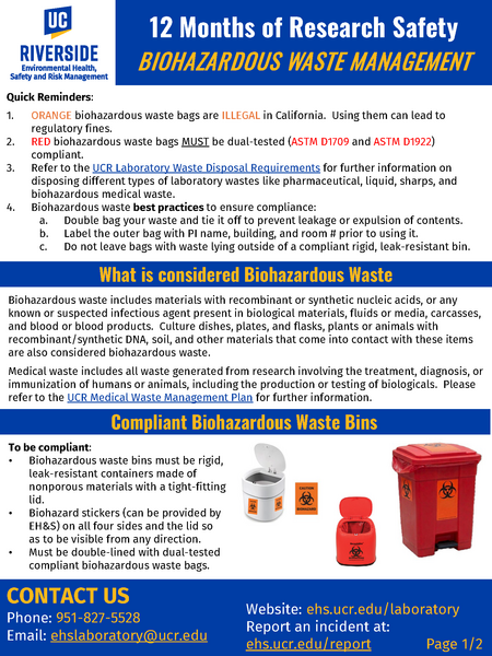 12 months of research safety guidance document on biohazardous waste management, page 1.