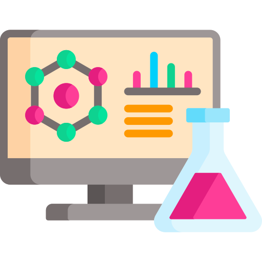 Computer screen with charts next to a glass beaker filled with pink liquid