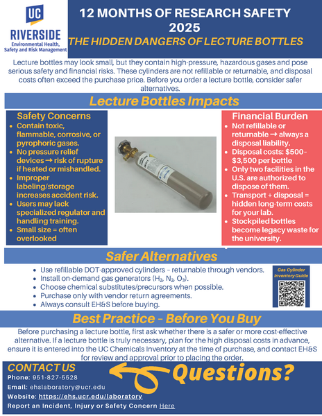 image of September's 202512 months of Research Safety topic on the hidden dangers of lecture bottles