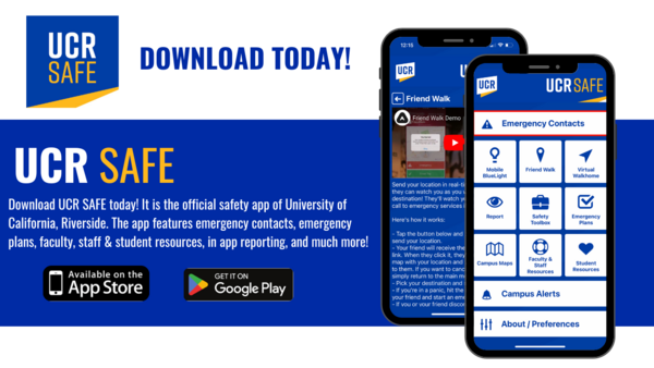 UCR Safe download today flyer with image of app home page