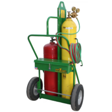 Photo of cylinder cart for Oxygen and Acetylene torch welding with a center firewall to seperate the gases.